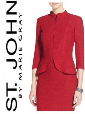 St John Knit Jacket Red Peplum Zip Textured Newport Blazer USA Size 10